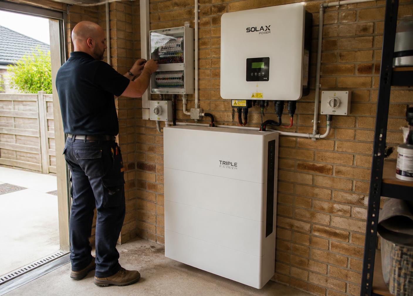 Engineer commissioning a wall-mounted home battery and inverter in a garage