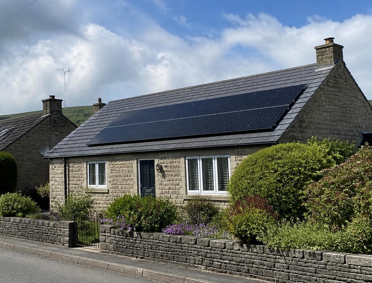 Stone bungalow in the Derbyshire countryside with solar panels across the full roof slope